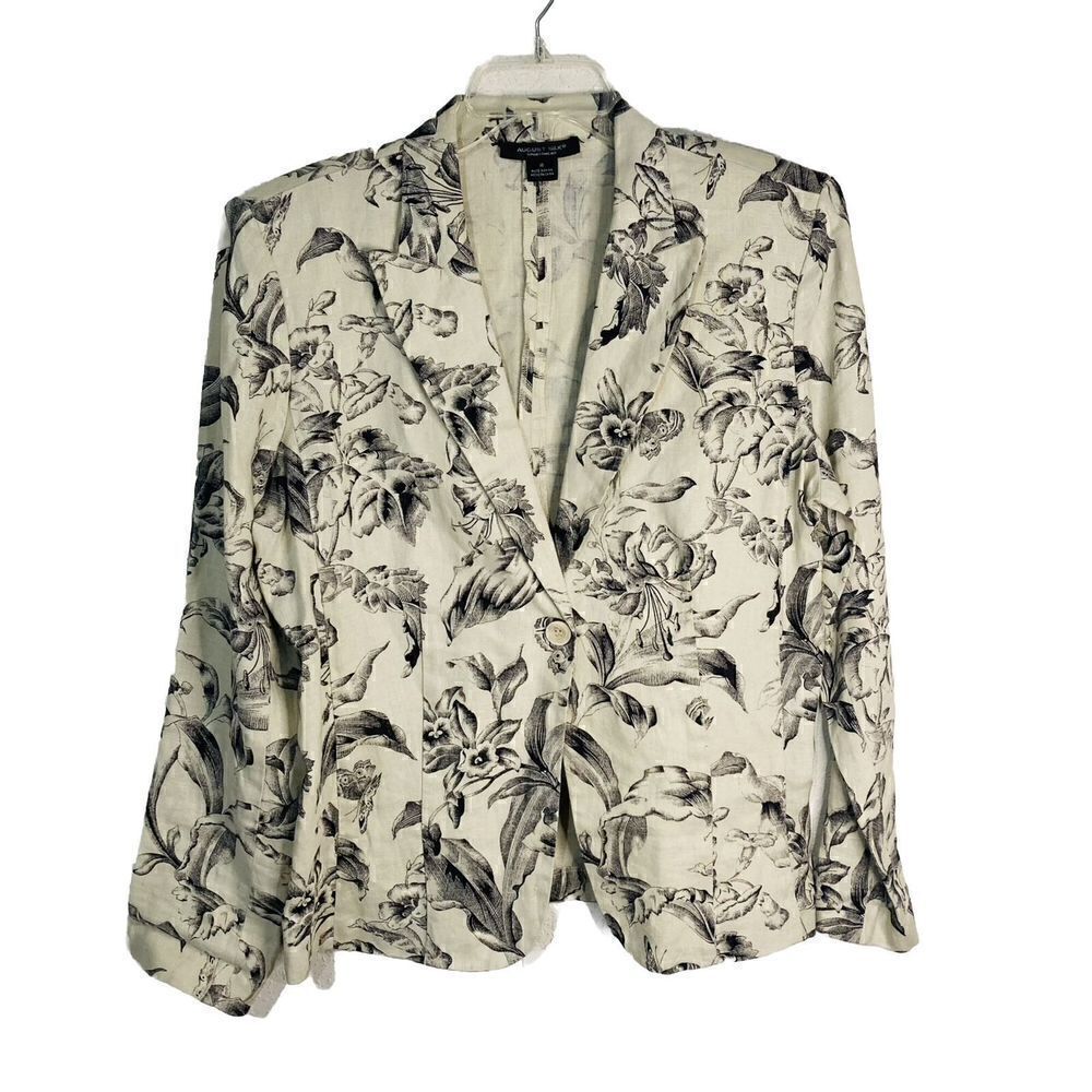 August Silk Beige Black Floral Lightweight Linen Jacket Size 10 3/4 Sleeve